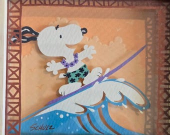Hallmark Peanuts Snoopy Surfing Cowabunga Laser Paper Sculpture Framed Art with Tag