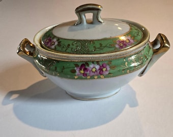 Antique Nippon Handpainted Porcelain Sugar Bowl with Lid, Nippon era (1891-1921)