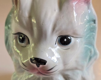 Vintage Ceramic White Persian Cat Planter with glazing and pastel accents