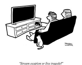 Art of "Escapism or Tragedy" NYDaily cartoon (original)