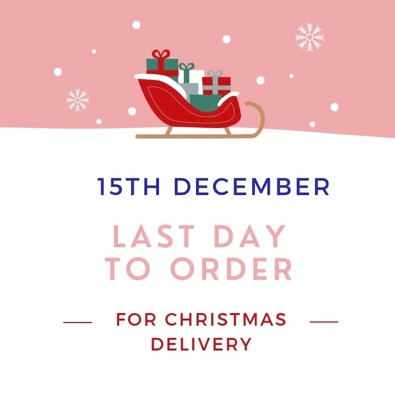 May include: A red sleigh with a white trim carrying a stack of wrapped gifts. The sleigh is on a snowy surface with a pink background. The text "15TH DECEMBER LAST DAY TO ORDER FOR CHRISTMAS DELIVERY" is below the sleigh.
