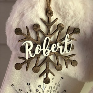 Stocking Tags - Customized wooden labels - personalized stocking tag - Snowflake Christmas Ornament - 3D Cutout Christmas Stocking Tag