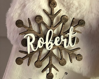 Stocking Tags - Customized wooden labels - personalized stocking tag - Snowflake Christmas Ornament - 3D Cutout Christmas Stocking Tag