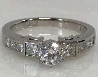 14k White Gold Diamond Engagement Ring: Round Brilliant & Princess Cut