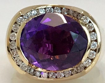 Gorgeous 14k Yellow Gold Amethyst and Diamond Cocktail Ring