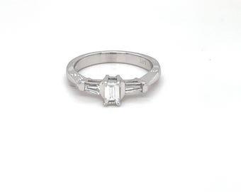 14K White Gold Emerald Cut Diamond Baguette Engagement Ring
