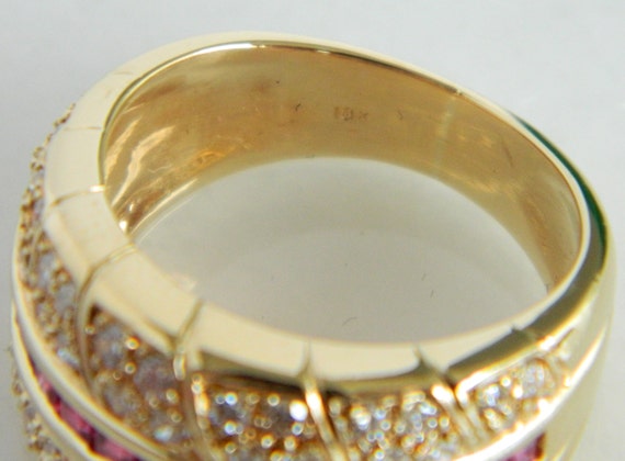 18K Gold Ruby Diamond Ring: Channel Set Pave Band… - image 4