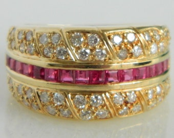 18K Gold Ruby Diamond Ring: Channel Set Pave Band, Size 6.25
