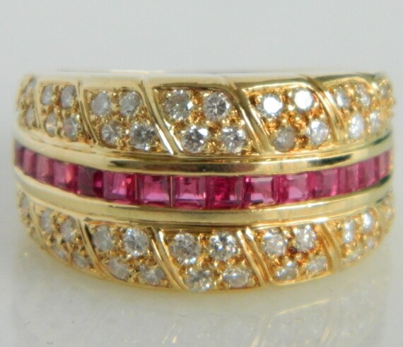 18K Gold Ruby Diamond Ring: Channel Set Pave Band… - image 1