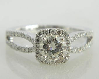 Outstanding Halo Split Shank 18K White Gold Engagement Ring