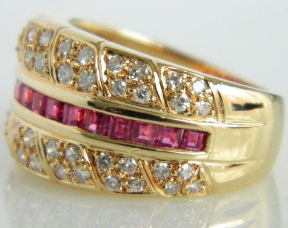 18K Gold Ruby Diamond Ring: Channel Set Pave Band… - image 3