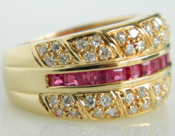 18K Gold Ruby Diamond Ring: Channel Set Pave Band… - image 2