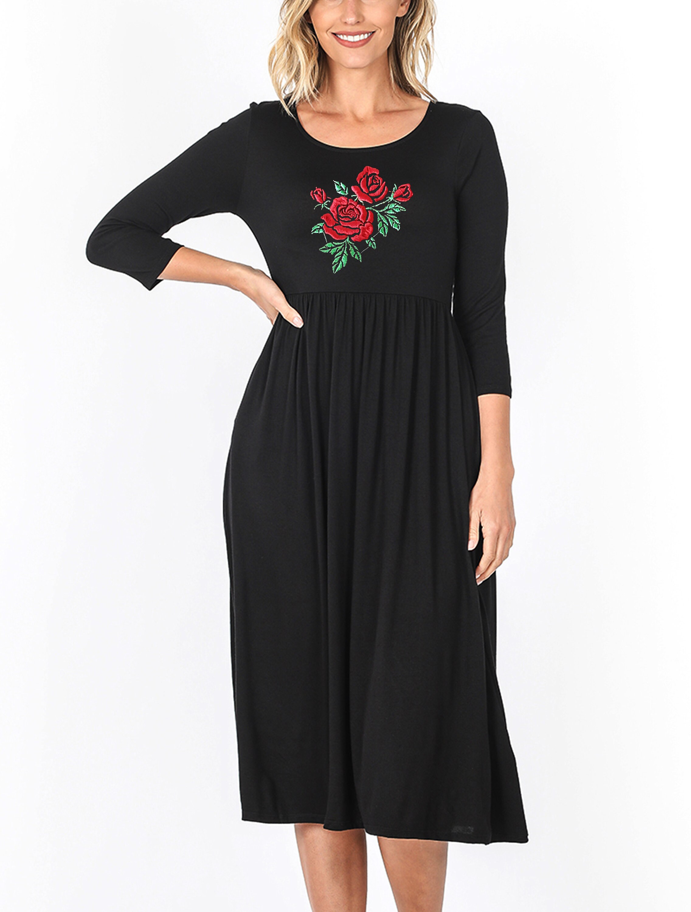 Red Rose Embroidery Rhinestone dress/ midi dress/ Red Rose Etsy