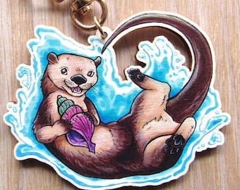Sea Otter Wooden Keychain | Illustrated Wood Charm