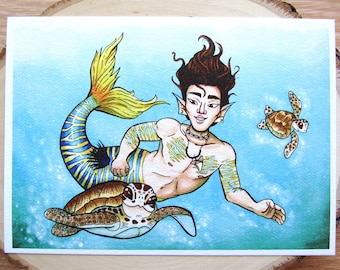 Merman Art Print - Turtle Mermaid Wall Art