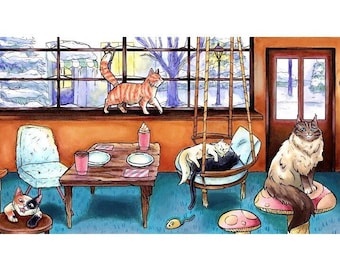 Cozy Cat Cafe | Art Print | Panoramic Wide 24x7