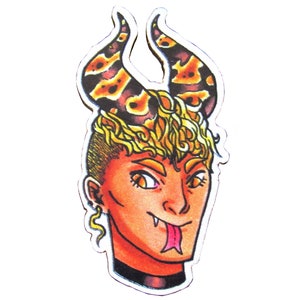 May include: A colourful illustration of a person with a yellow and orange hairstyle, wearing a black choker and a pair of horns with black and orange scales.