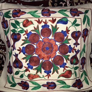 Op de afbeelding: Een wit kussen met een geborduurd bloemenmotief. De borduurwerk heeft een centrale bloem met rode, blauwe en groene accenten. Het kussen is omgeven door een rand van kleinere bloemen.