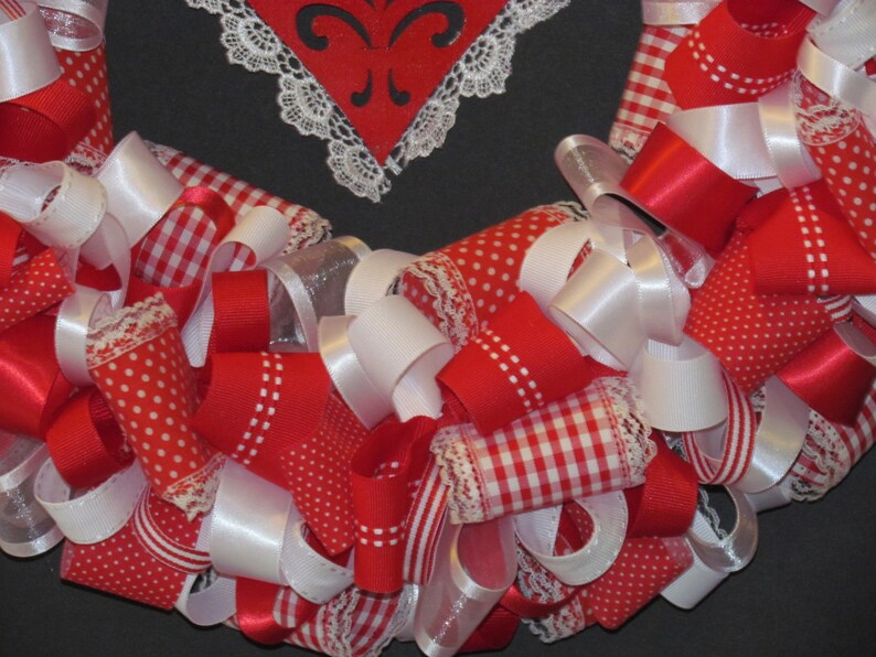 Red and Lace / Valentines Ribbon Wreath image 3
