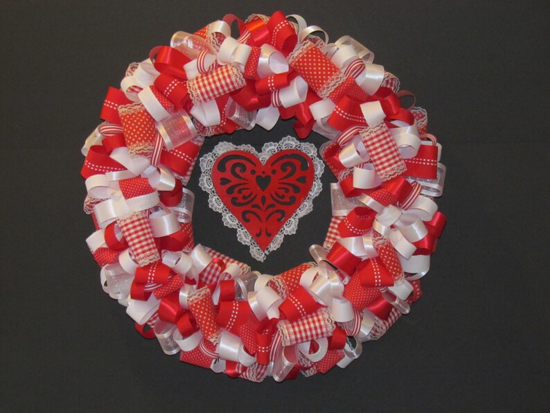 Red and Lace / Valentines Ribbon Wreath image 1