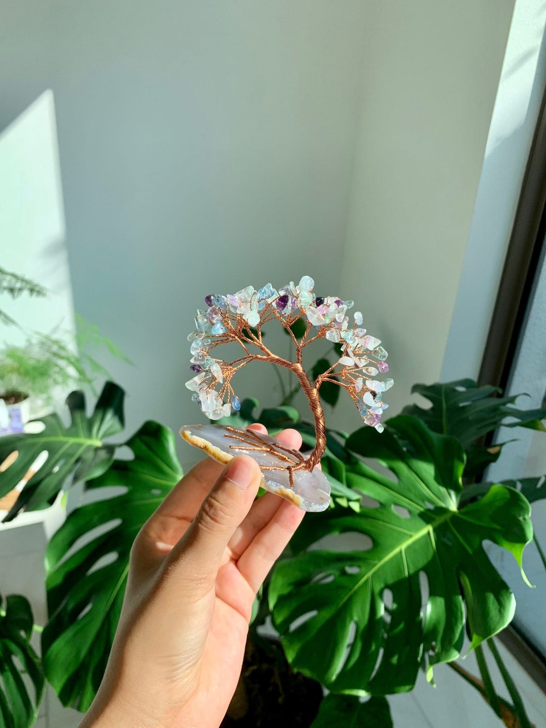 Handmade Fluorite Crystal Money Tree Agate Slice Base Feng Etsy