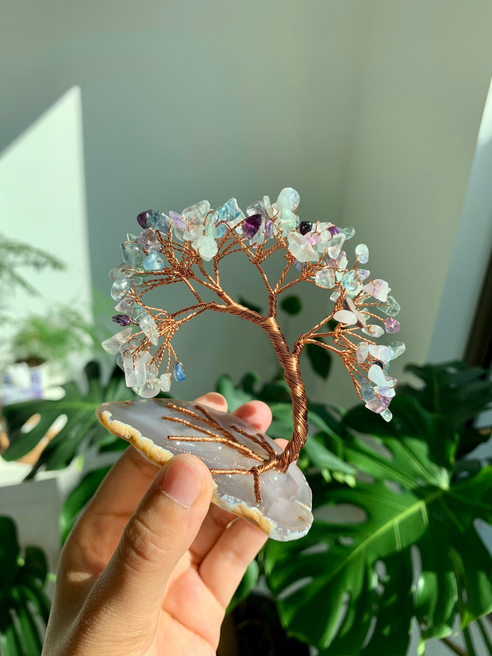 Handmade Fluorite Crystal Money Tree Agate Slice Base Feng Etsy