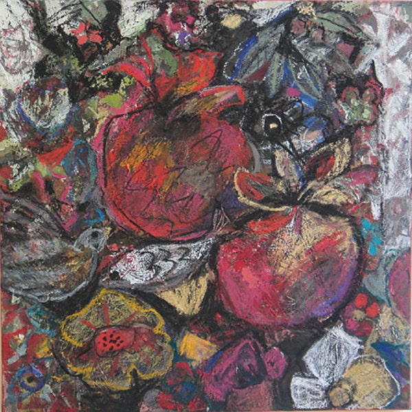 Pomegranate Painting. Contemporary Original Painting. Mixed Media on Canvas. Oil Paint Oil Pastel Collage. Modern Art Fine Art. 50 x 50 cm