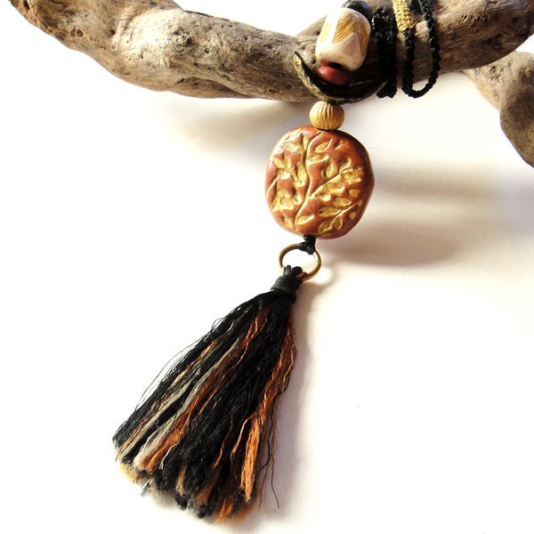 Long Tassel Pendant. Boho Chic Artisan Fashion Trend. Handmade Jewelry. Black Cinnamon. Adjustable Length Gift for Her.