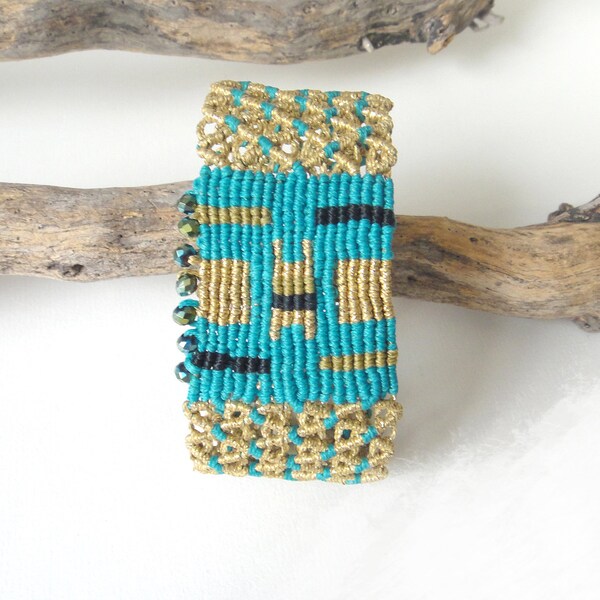 Turquoise and Gold Macrame Bracelet. Summer Cuff Bracelet. Luxurious Boho Chic Oriental Handwoven Macrame Jewelry. Adjustable Gift for Her.