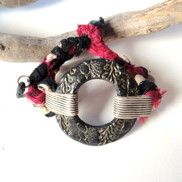 Wrap Bracelet. Artisan, Boho, Oriental. Mixed Media.Textured Clay. Raw Silk Ribbons. Black Red Ivory. Length 17 cm. Xmas Gift for Her