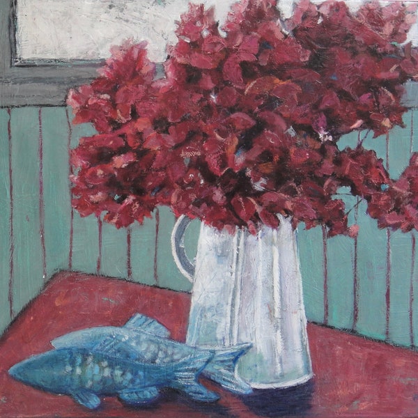 Painting.  Still Life "Dried Bougainvillea in Vase" Mixed Media on Canvas 50 x 50cm.  Modern Art, Art and Collectibles, Fine Art,Home Decor