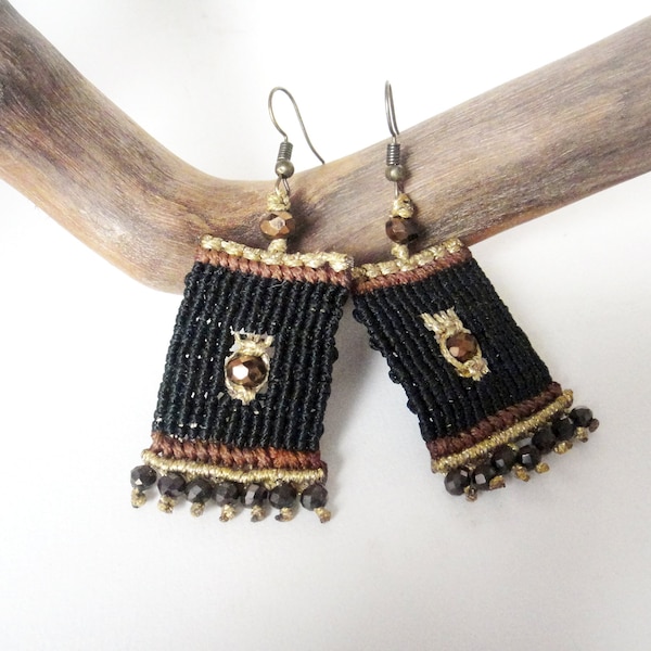 Micro Macrame Dangle Earrings. Oriental Byzantine Boho Chic.  Black Gold Brown. Handmade Macrame  Jewelry. Accessories.  Gift for Her.