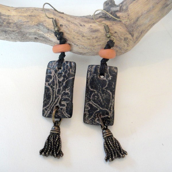 Artisan Dangle Earrings. Boho Chic Stylish Fashion Earrings. Handmade Jewelry and Accessories. Black Brass Orange  Length 6.5cm. Gift Idea