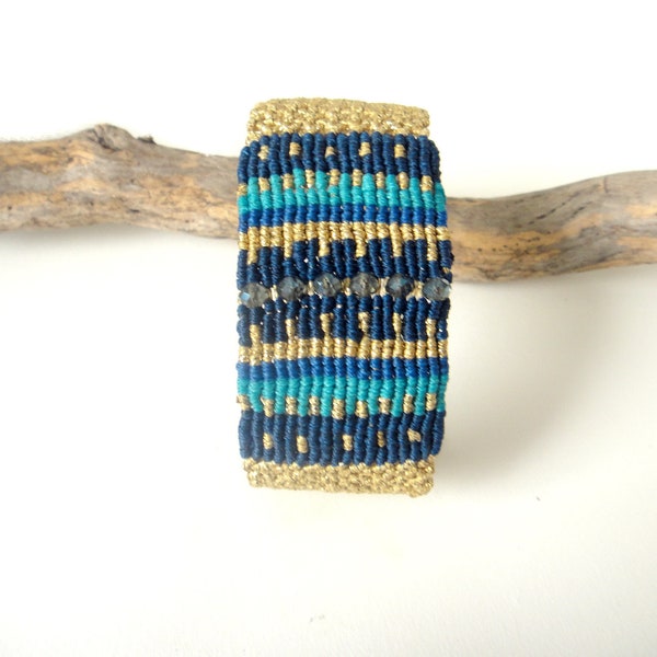 Macrame Bracelet. Cyclades Cuff Bracelet. Greek Islands. Summer. Boho Chic. Gold Shades of Blue. Macrame Jewelry. Gift for her. Adjustable