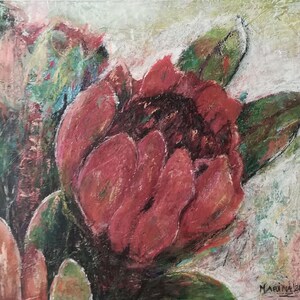 May include: A close-up of a red flower with green leaves. The flower is painted in a textured style with a white background.
