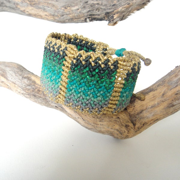 Macrame Cuff Bracelet.  Emerald Jade Gold. Wide Luxurious Bracelet. Knotted Jewelry. Boho Oriental Style.  Adjustable Size.  Gift for her