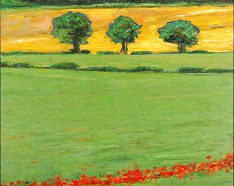 Ölgemälde auf Tafel "Drei Bäume" 59 x 90 cm. Original. Landschaft, Natur, rote Mohnblumen. Kunst und Sammlerstücke Kunst, Fine Art