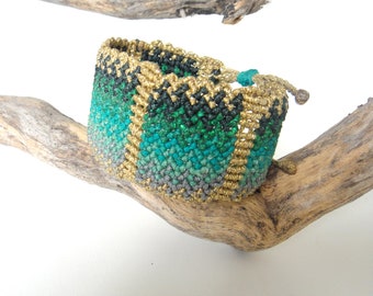 Macrame Cuff Bracelet.  Emerald Jade Gold. Wide Luxurious Bracelet. Knotted Jewelry. Boho Oriental Style.  Adjustable Size.  Gift for her