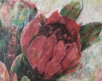 Malerei "Protea" Mixed Media an Bord.  44 x 41 cm.  Acryl Öl Pastell. Expressionistische Kunst Fine Art Natur Blumen Kunst und Sammlerstücke