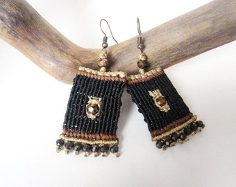 Micro Macrame Dangle Earrings. Oriental Byzantine Boho Chic.  Black Gold Brown. Handmade Macrame  Jewelry. Accessories.  Gift for Her.