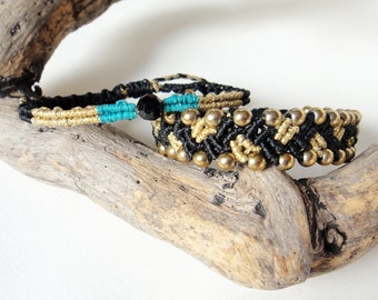 Set of Macrame Bracelets.  Boho Chic, Oriental, Gypsy.  Fashion Bracelets. Gold Black Turquoise. Macrame Jewelry. Size Adjustable. Gift Idea