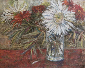 Malerei "Gerberas in Vase" Stillleben. Mischtechnik. Öl Pastell. Original 80 x 60 cm.  Blumen, Natur, Moderne Kunst.  Kunst und Sammlerstücke.