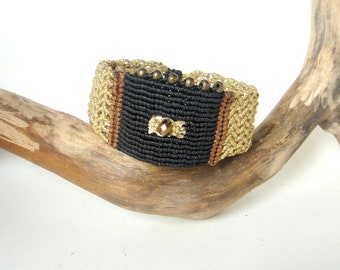 Micro Macrame Cuff Bracelet. Byzantine, Oriental, Boho Chic. Gold Black Brown.  Handmade Jewelry.  Accessories.  Size Adjustable. Gift Idea