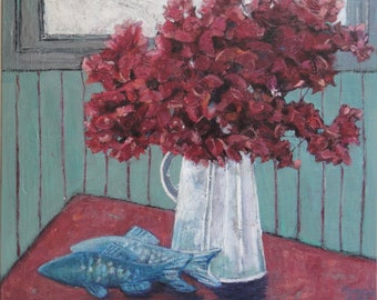 Malerei.  Stillleben "Getrocknete Bougainvillea in Vase" Mischtechnik auf Leinwand 50 x 50cm.  Moderne Kunst, Kunst und Sammlerstücke, Fine Art, Home Decor