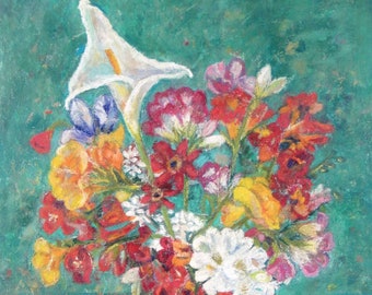 Malerei von Blumen. Stillleben Mischtechnik an Bord 56 x 44 cm Blumen in Vase. Freesias Lilie.  Fine Art Expressionistische Kunst & Sammlerstücke.