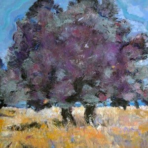 I have a love of Olive trees and their amazing trunks. These trees are on the island of Lesvos, the birthplace of my father. I tried to approach this painting by starting with opposite colors to see where it would lead me. And this is the result.
