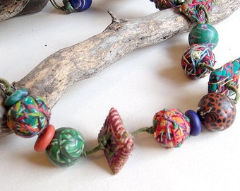 Artistic Boho Mixed Media Necklace: Woven, Embroidered, Polymer Clay Beads