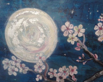 Painting. "Moonlight Sonata" Original Art on Canvas. 90 x 40cm Cherry Blossoms. Full Moon.  Fine Art. Art and Collectibles. Expressionist.