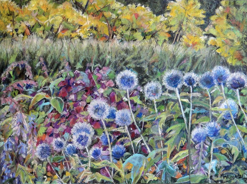 Painting spring Blue Thistles Mixed Media On Canvas 80 X 60 Cm painting-spring-blue-thistles-mixed-media-on-canvas-80-x-60-cm