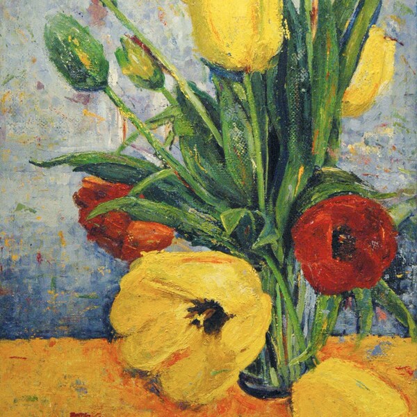 Peinture à l’huile Originale « Tulipes Rouges et Jaunes » Nature Morte sur toile 70 x 55 cm. Fleurs Inspirées par la Nature. Art et objets de collection. Art